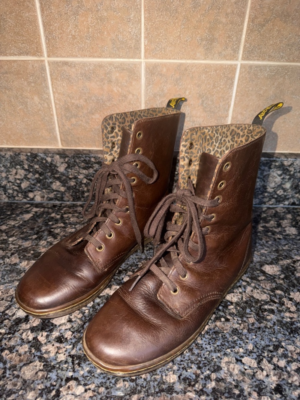 Dr. Martens Size 10 Leather Lace-Up Combat Boots - Brown with Leopard Lining